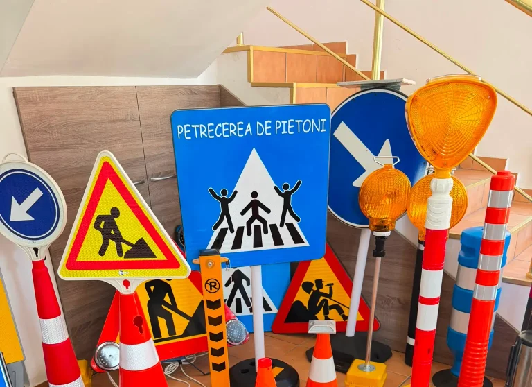 Indicator pentru trecere de pietoni alaturi de indicatoare de avertizare, lampi si conuri de semnalizare rutiera
